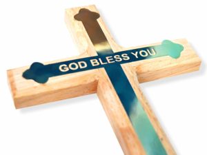 Wooden God Bless Golden Cross for Christmas (8×4 in)