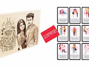 Combo of Personalized Wooden Engraved Photo Frame and Set of 9 Love Birthday Card for Couple (Multicolor, Wood 13×9.5cm)