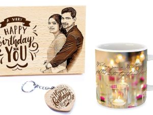 Birthday Combo of Personalized Engraved Frame and Coffee Mug and Text Keychain ( Wood: 5x4in, Mug : 325 ml)