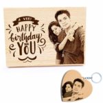 Combo Gift of Personalized Engraved Wooden Photo Plaque and Heart Shaped Wood Keychain For Birthday (Beige, 13x9.5cm, 5 cms)