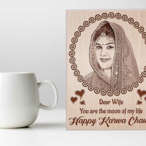 Personalized Engraved Wooden Photo Frame Karwachauth Gift For Wife