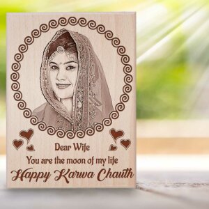 Personalized Engraved Wooden Photo Frame Karwachauth Gift For Wife