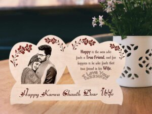 Karwachauth Engraved Wooden Photo Frame Gift for Sweetheart Wife
