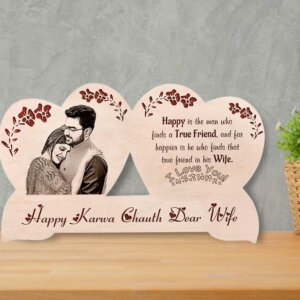 Karwachauth Engraved Wooden Photo Frame Gift for Sweetheart Wife