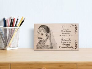 Personalized Karwachauth Engraved Wood Photo Frame Gift for Wife