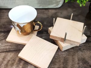 Tea Cup Coasters Set of 4 for Dining Table with Stand (Wood, 8×8 cm, Blank)