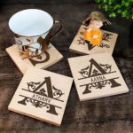 Personalized Engraved Name Wooden Tea Cup Coasters Set of 4 Gift Item for Dining Table with Stand