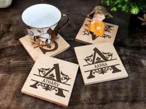 Personalized Engraved Name Wooden Tea Cup Coasters Set of 4 Gift Item for Dining Table with Stand