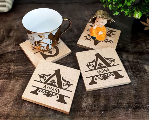 Personalized Wooden Tea Cup Coasters Set