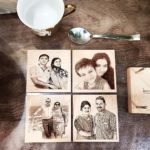 Personalized Engraved Wooden Photo Tea Cup Coasters Set of 4 for Dining Table with Stand
