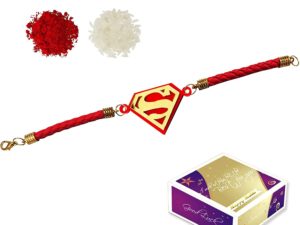 Super Man Designer Bracelet Incredible Rakhi for Brother with Roli Chawal (Red-Gold Acrylic)