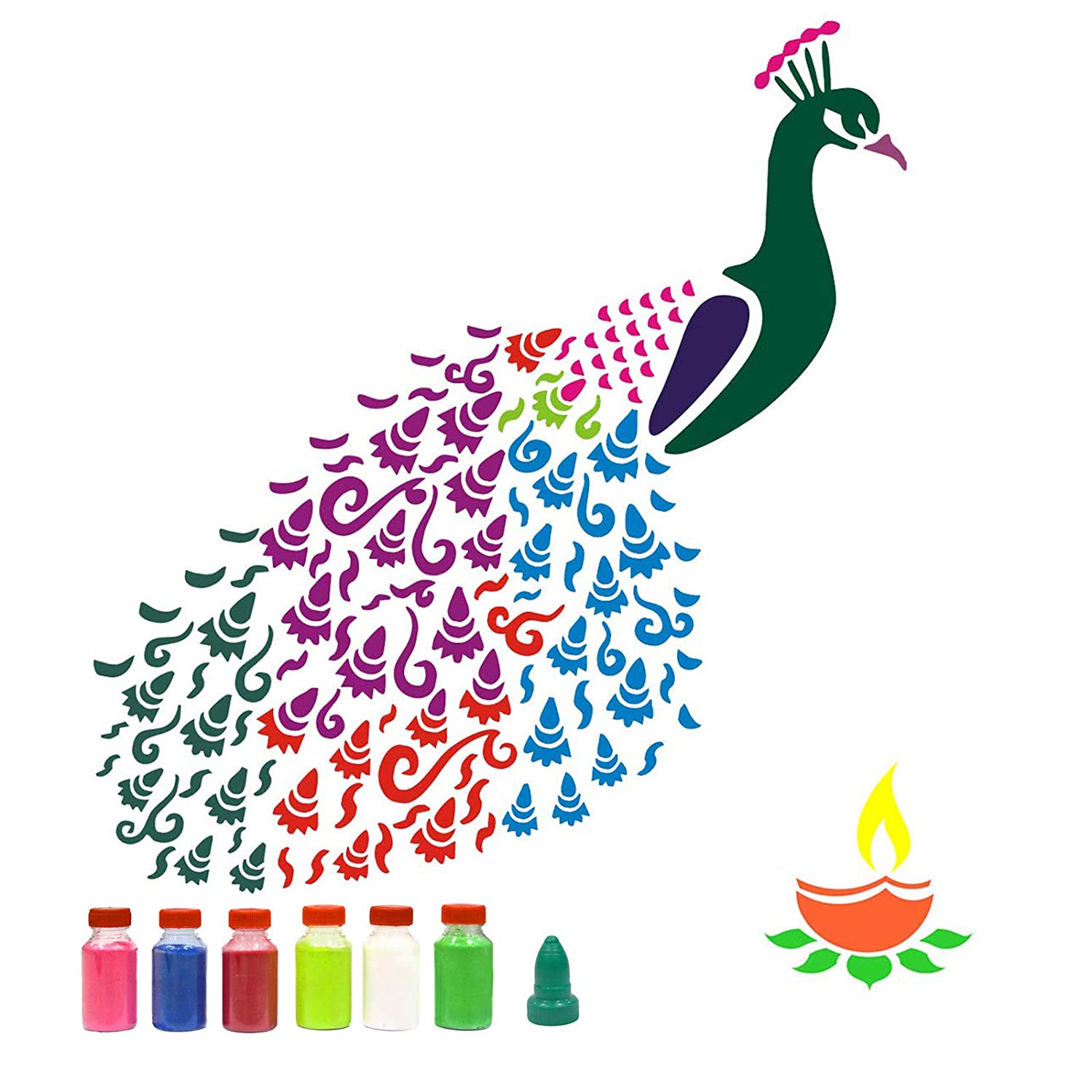 Peacock Diya Rangoli Stencils (Set of 2 Stencil, 6 Colors Bottles, 1 Nozzle) - Incredible Gifts Peacock Diya Rangoli Stencils (Set of 2 Stencil, 6 Colors Bottles, 1 Nozzle) - Incredible Gifts