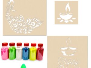 Peacock Happy Diwali Diya Rangoli Stencils for Floor (Set of 3 Stencil, 6 Colors Bottles, 1 Nozzle)