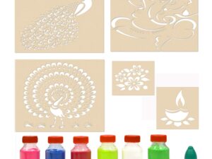 Decorative Rangoli Stencils for Floor 12 inches with 6 Rangoli Powder (Set of 5)