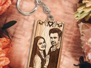 Wooden Personalized Engraved Rectangle Photo Keychain