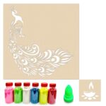 Peacock Diya Rangoli Stencils (Set of 2 Stencil, 6 Colors Bottles, 1 Nozzle)