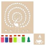 Latest Peacock Diya Rangoli Stencils for Floor(Set of 2 Stencil, 6 Colors Bottles, 1 Nozzle)