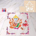Ganesha with Corner - Rangoli Stencil Combo with Six Rangoli Colors
