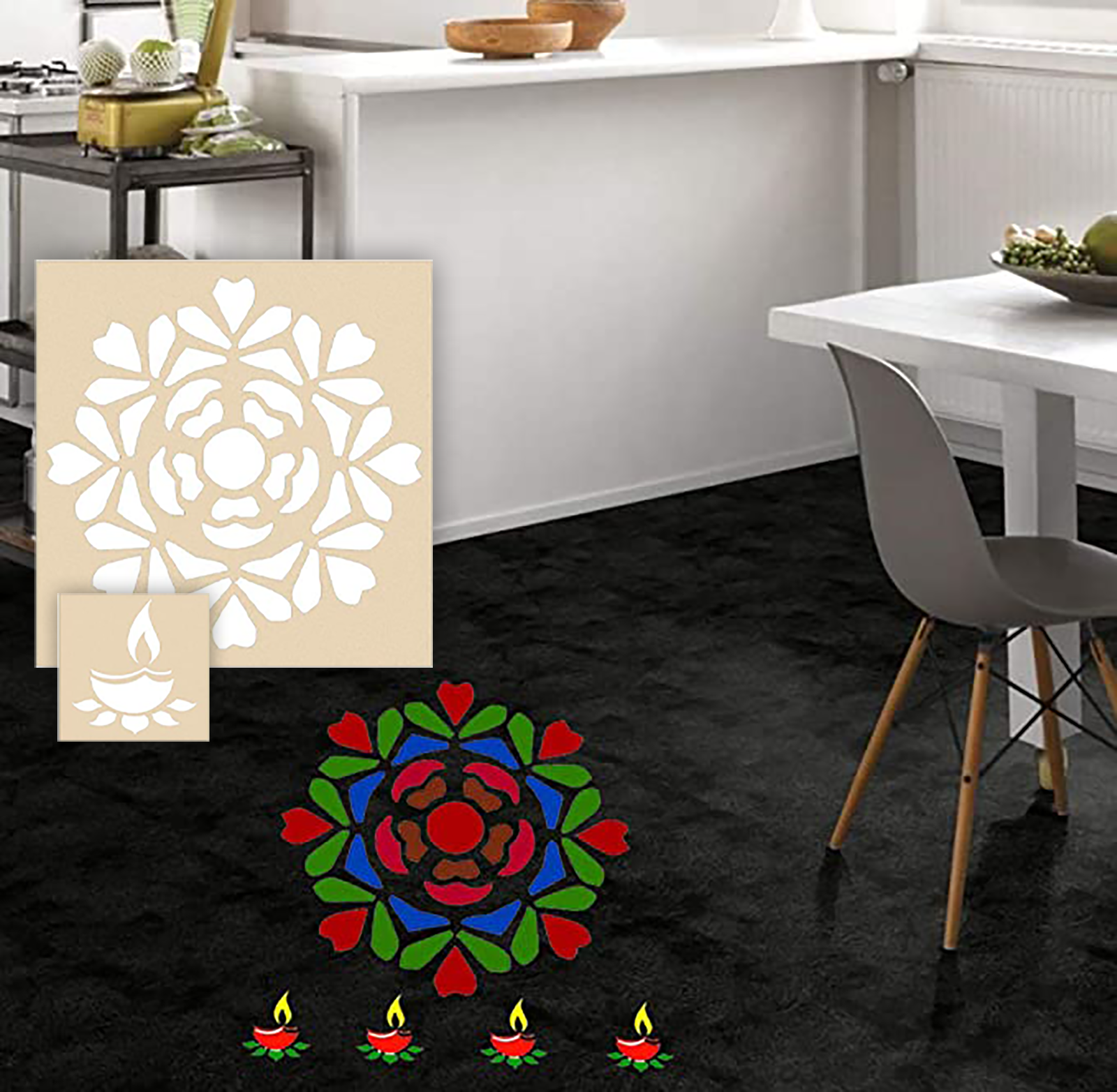 Indian Festival Decoration DIY Reusable Wooden Rangoli Stencils – DIY Mandala Floral Mats For Diwali & Indian Festival Decoration (No Sand Included) Reusable Wooden Rangoli Stencil Diwali