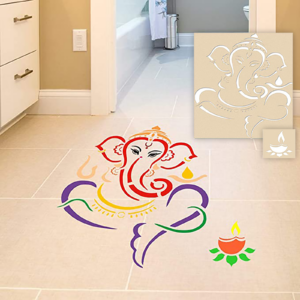 Ganesh Wooden Rangoli Diwali Stencil with 6 Rangoli Colors