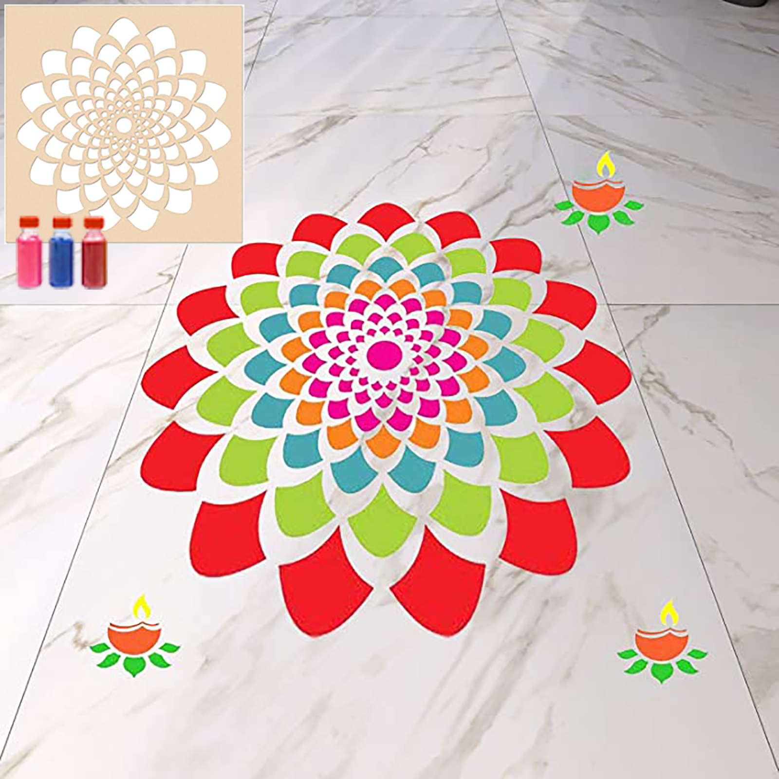 Peacock Rangoli Stencil Floor Decoration with Six Rangoli Colors -  Incredible Gifts