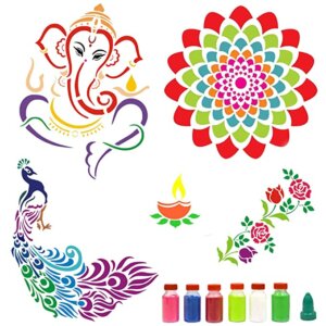 Rangoli Stencils Set of 5 for Floor Diwali Decoration with 6 Colors