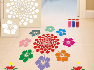 Flower With Diya Rangoli Stencils with Six Rangoli Colors