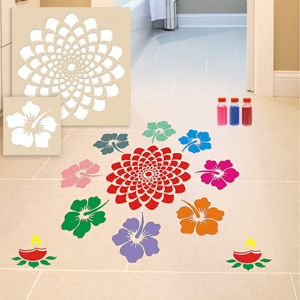 Flower With Diya Rangoli Stencils with Six Rangoli Colors