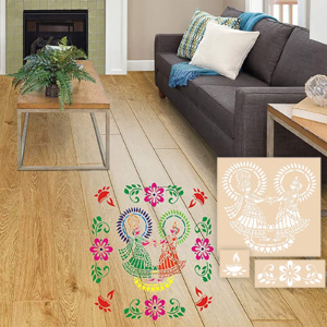 RadhaKrishna Rangoli with Floral Stencil Combo with 6 Colors