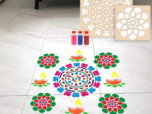 Flower with Border Rangoli Stencils with Six Rangoli Colors