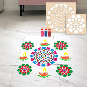 Flower with Border Rangoli Stencils with Six Rangoli Colors