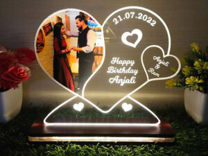 Personalized LED Heart Photo Lamp with Wood Light Stand