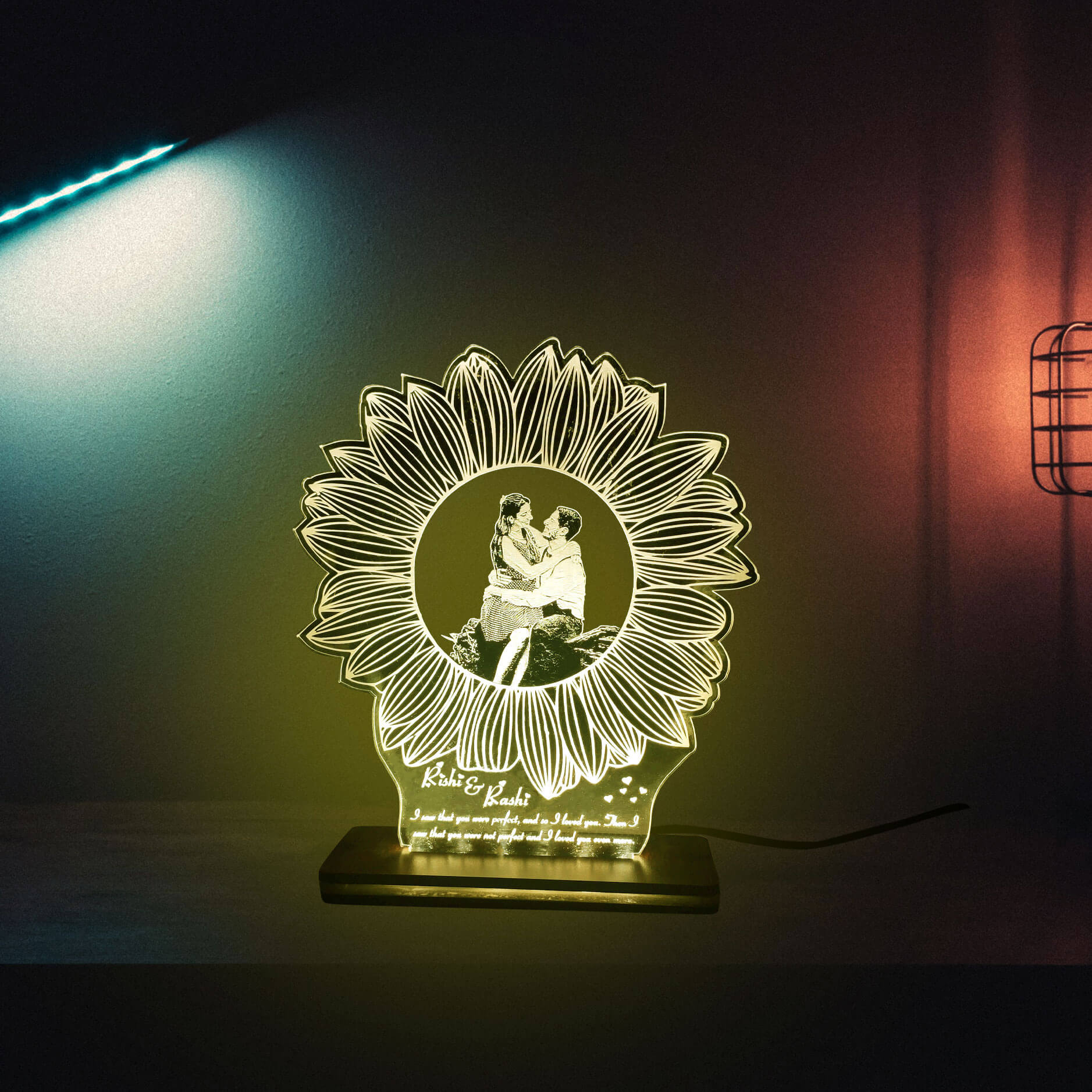 Personalized Flower LED Photo Frame with Wood Light Stand - Incredible Gifts