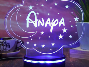 Personalized LED Name Lamp Moon & Stars with Wood Light...