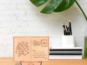 Personalized Wooden Happy New Year Postcard With Wood Stand