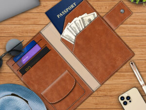 Tan Passport Holder for Men or Women Vegan Leather with 7 Co...