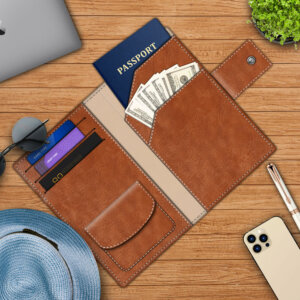 Tan Passport Holder for Men or Women Vegan Leather with 7 Copartments