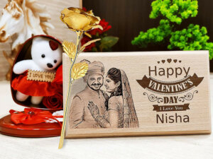 Vday Gift Combo Wood Frame & 24K Gold Plated Rose With ...