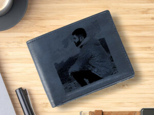 Men Blue PU Leather Personalized Photo Wallet For Birthday