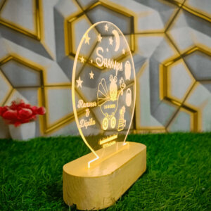 Personalized Premium Round LED Lamp For Baby With Wood Stand