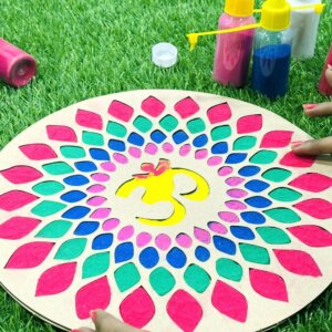 Reusable Wooden Om Rangoli Stencil for floor with rangoli co...