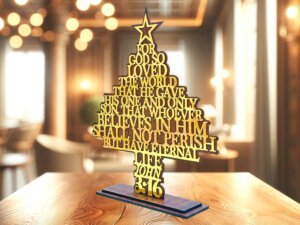 Christmas Tree With Bible Verse John 3:16 (Gold)