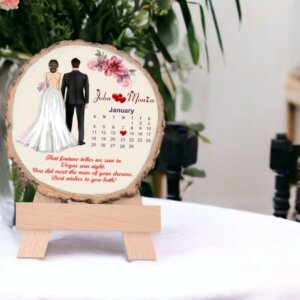 Personalized Slice Wood Wedding Calendar Couple Frame With T...