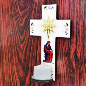 Printed Wooden Jesus Cross With LED Tea Light For Festive De...