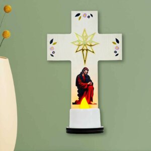 Printed Wooden Jesus Cross With LED Tea Light For Festive Decor