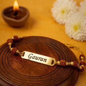 Personalized Rudraksha Rakhi with Name – Metal Bracel...