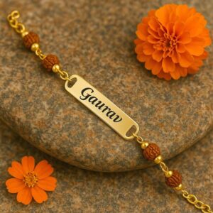 Personalized Rudraksha Rakhi with Name – Metal Bracel...