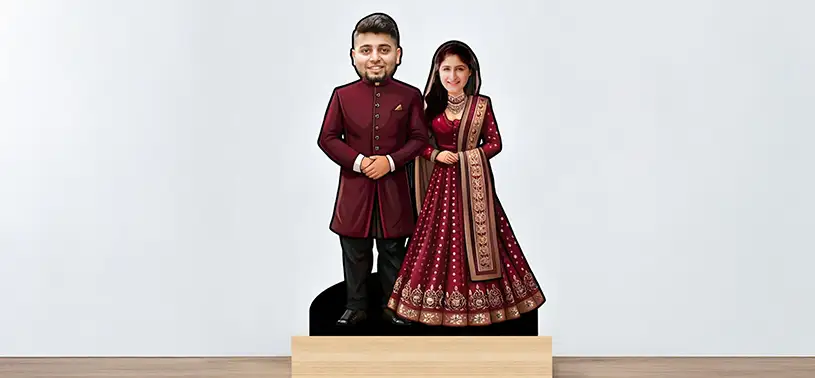 couple caricature in wedding outfits